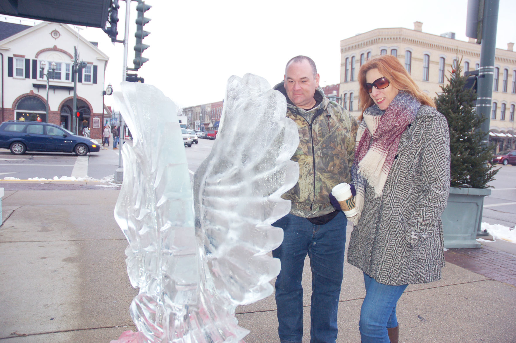 Ice sculpture outside store at Winterfest